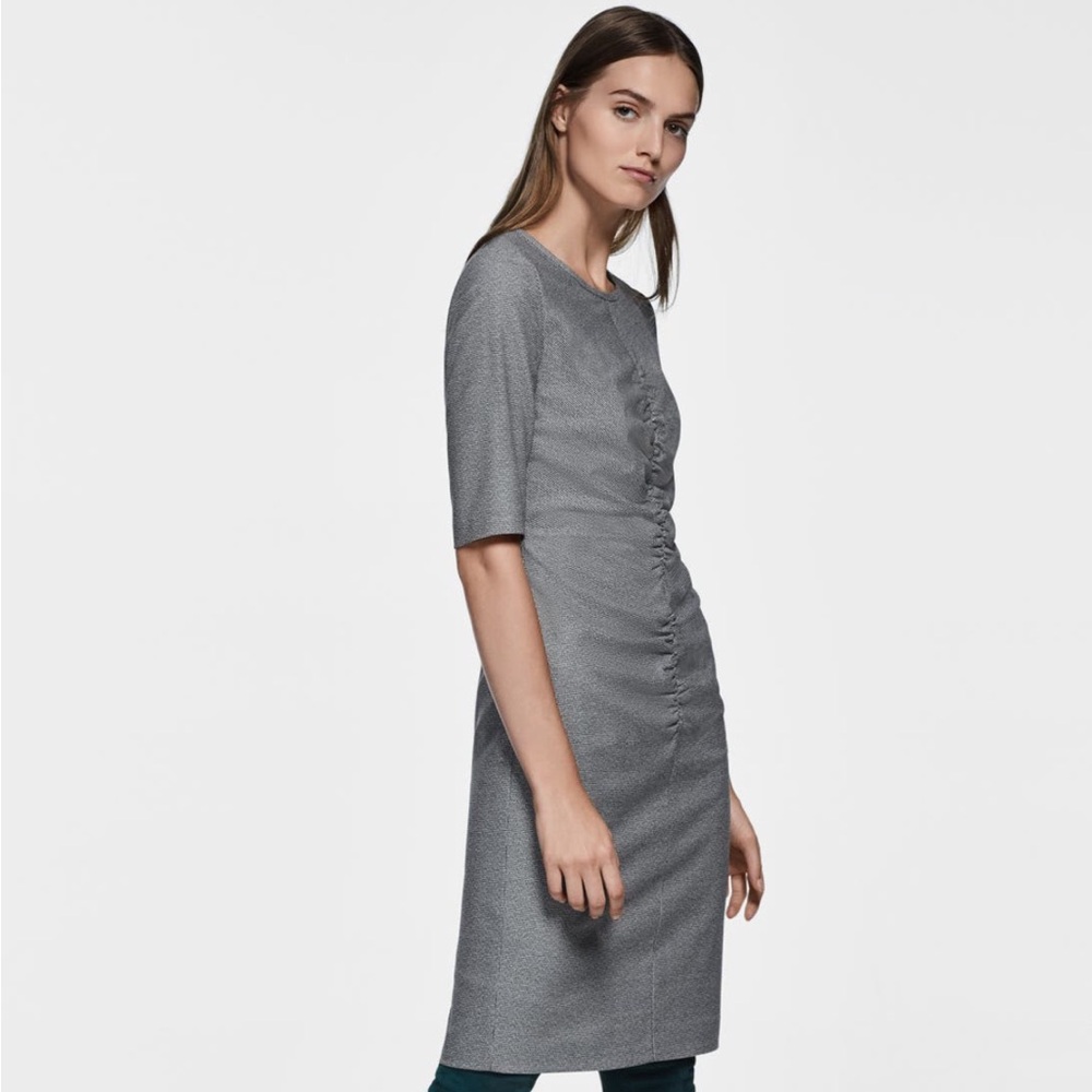 Boss Dirafia Blurred Optic Ruched Short Sleeve Midi Dress